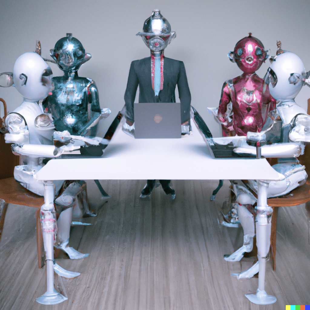 robots sitting at conference table