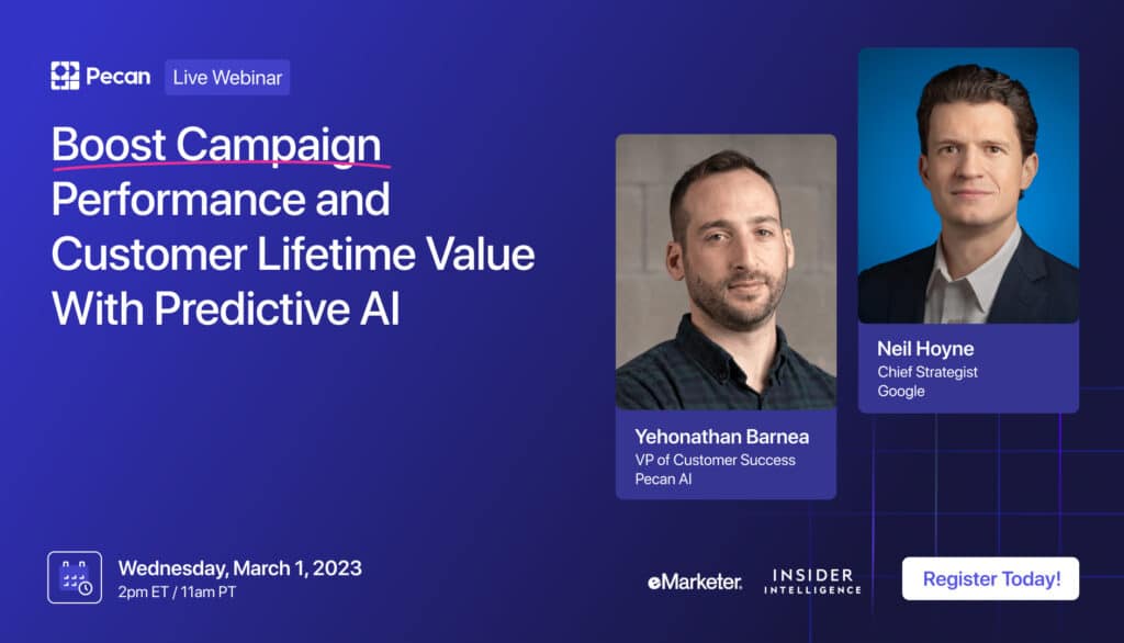 Pecan webinar announcement with Neil Hoyne of Google. Topic is campaign performance and AI