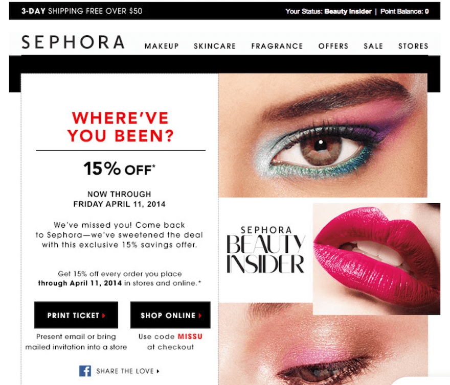 A screenshot of Sephora's customer winback email.